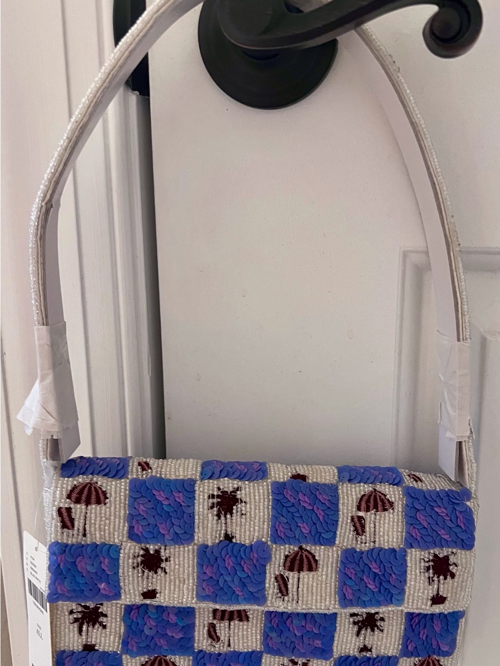 Mauve Blue & White Beaded Shoulder Bag with Maroon Tropical Accents